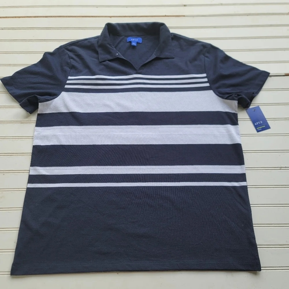 NWT Apt 9 Premier Flex Polo Short Sleeve Navy Blue White Striped Stretch Sz XL - Picture 1 of 10